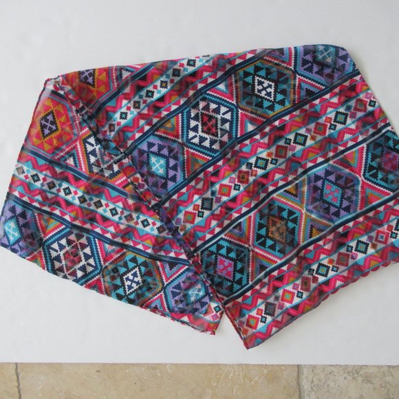 Southwestern Print Scarf Rectangular 58" x 13" Multicolor, Hand Rolled Hem NEW - Picture 4 of 7